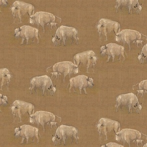 White Spirit Buffalo Bison Herd on Faux Linen Texture 2