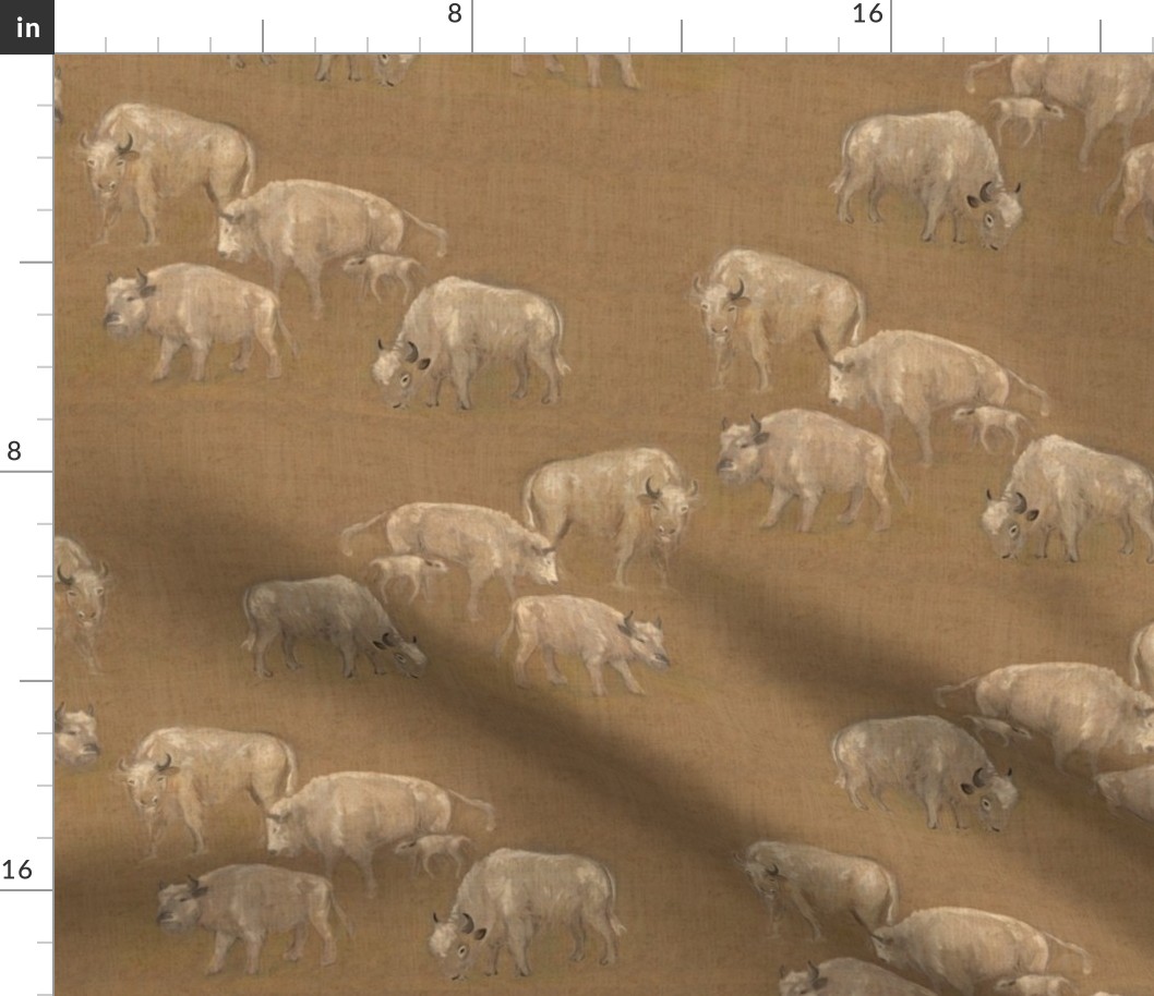 White Spirit Buffalo Bison Herd on Faux Linen Texture 2 Smaller
