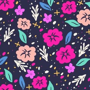 Pink Pastel Flowers on Navy Blue