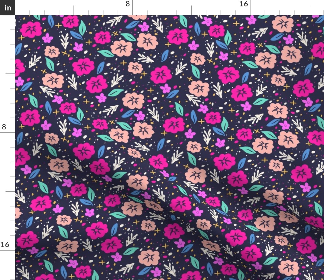Pink Pastel Flowers on Navy Blue