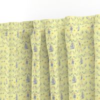 2x4-Inch Half-Drop Repeat of Rabbits, Mushrooms, Butterflies, and Boats on Light Yellow Background
