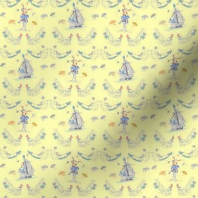 2x4-Inch Half-Drop Repeat of Rabbits, Mushrooms, Butterflies, and Boats on Light Yellow Background