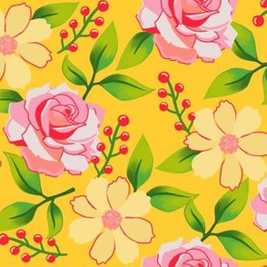 Yellow Flowers and Pink Roses on Gold