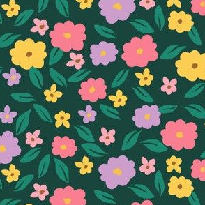 Scattered Spring Flowers on Dark Green