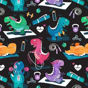Small scale // Fitness exercises for a dino // watercolour gradient version // black background pink teal green and orange t-rex dinosaurs