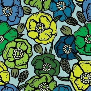 70s Retro Linocut Flowers - Green and Blue