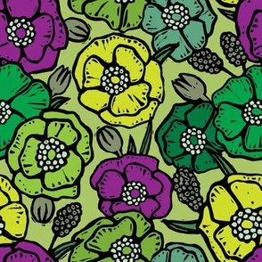 70s Retro Linocut Flowers - Green and Purple