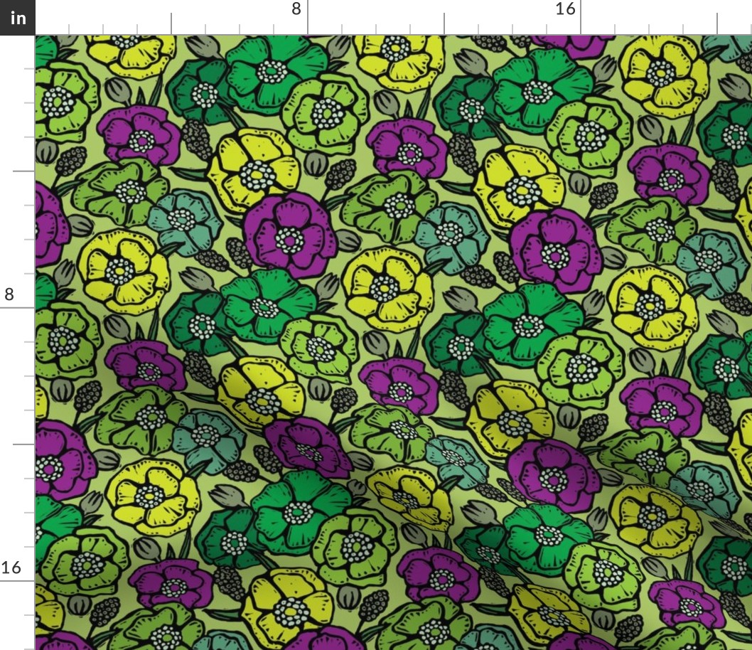 70s Retro Linocut Flowers - Green and Purple