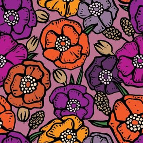 70s Retro Linocut Flowers - Orange and Purple