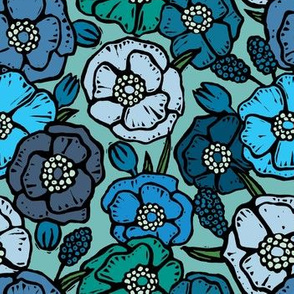 Vintage 70s retro flowers - blue