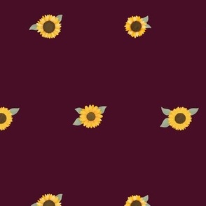 Whimsical Sunflower Dance: Dizzying Pattern on Wine Red Background