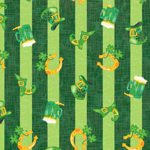 Irish Spring Parade  – Large Scale Fat Quarter – St Patrick Day Colored Stripe with Traditional Saint Patrick Symbols of Ireland -- Forest Green on Light Green -- Shamrocks, Clover,  Horseshoes, Leprechaun Hats, Beer Steins, Boots, Good Luck Charms, Pot o