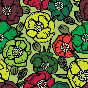 70s Retro Linocut Flowers - Green and Red