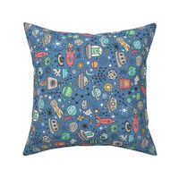 Space Galaxy Universe Doodle with Aliens, Rockets, Planets, Robots & Stars on Dark Blue Navy Rotated 90 degrees clockwise