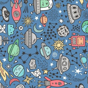 Space Galaxy Universe Doodle with Aliens, Rockets, Planets, Robots & Stars on Dark Blue Navy Rotated 90 degrees clockwise