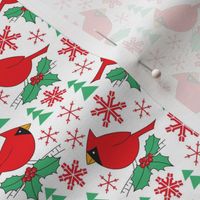 small cardinals with holly snowflakes trees