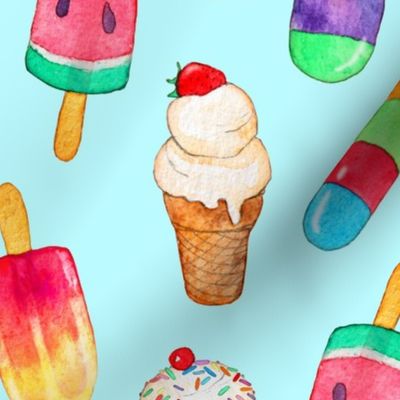 Light Blue Background Summer Ice Creams in Watercolor - large