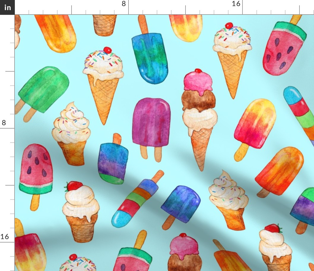 Light Blue Background Summer Ice Creams in Watercolor - large