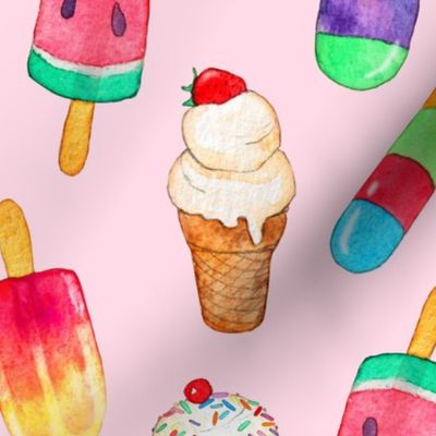 Pastel Pink Background Summer Ice Creams in Watercolor - large