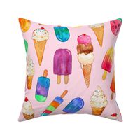 Pastel Pink Background Summer Ice Creams in Watercolor - large