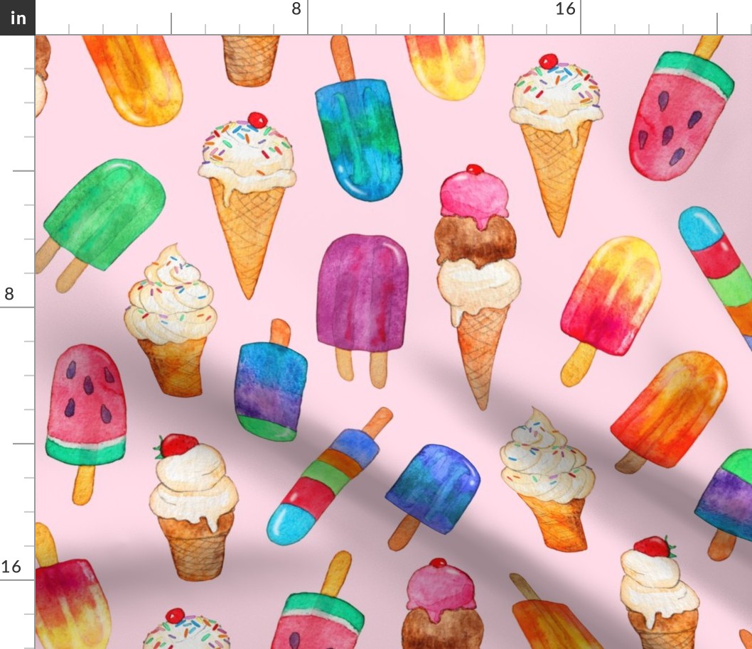 Pastel Pink Background Summer Ice Creams in Watercolor - large