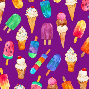 Bright Purple Background Summer Ice Creams in Watercolor - large