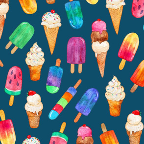 Dark Teal Background Summer Ice Creams in Watercolor - large