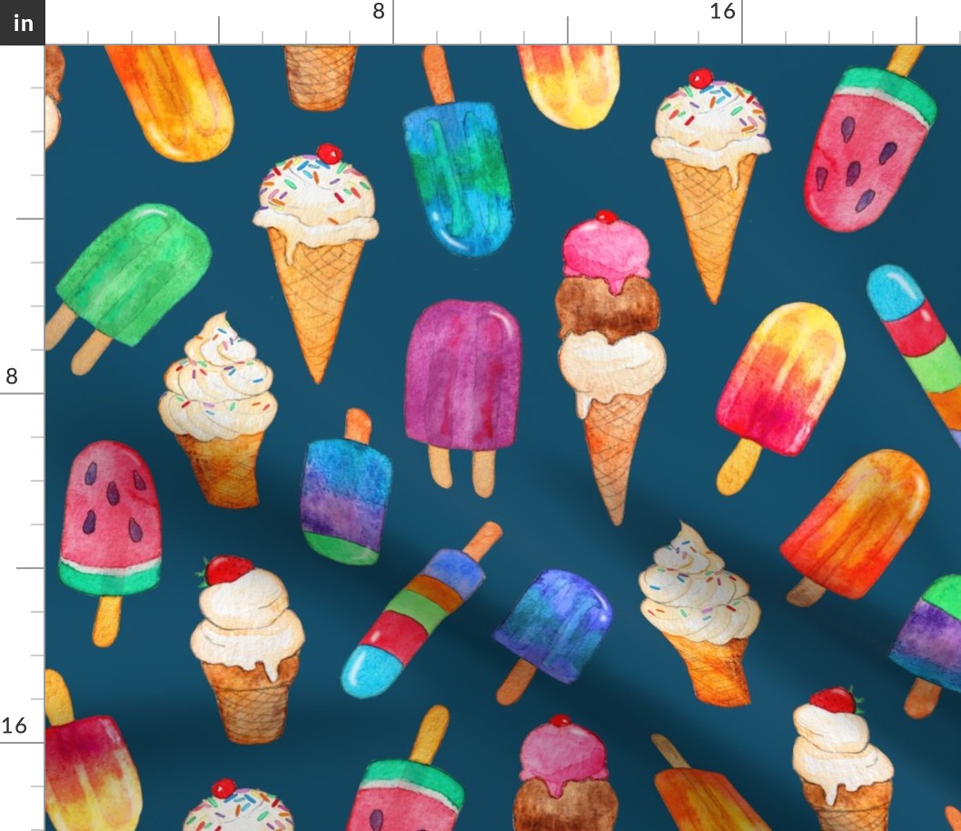 Dark Teal Background Summer Ice Creams in Watercolor - large