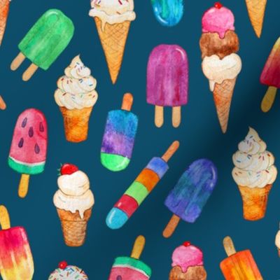 Dark Teal Background Summer Ice Creams in Watercolor - medium