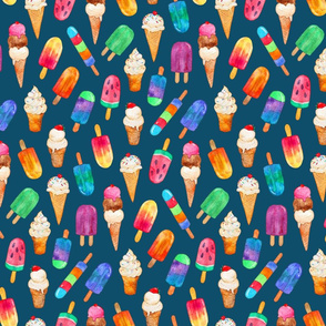 Dark Teal Background Summer Ice Creams in Watercolor - medium