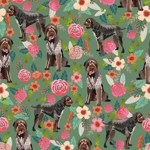 german wirehaired pointer fabric - dog florals, floral dog - green