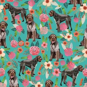 german wirehaired pointer fabric - dog florals, floral dog - blue