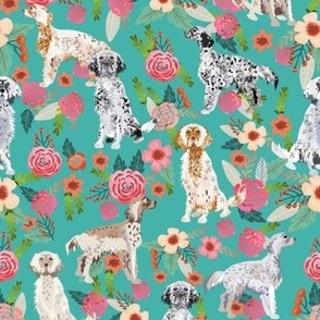 english setter floral fabric - dog florals fabric - turquoise