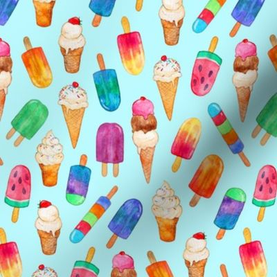 Light Blue Background Summer Ice Creams in Watercolor - small