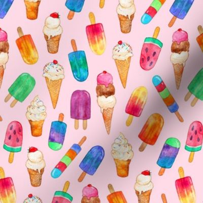 Pastel Pink Background Summer Ice Creams in Watercolor - small