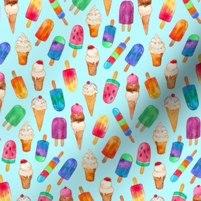 Light Blue Background Summer Ice Creams in Watercolor - tiny