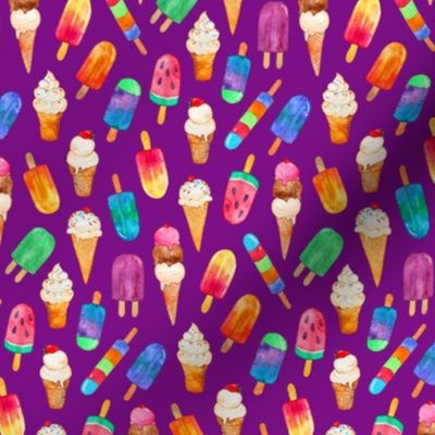 Bright Purple Background Summer Ice Creams in Watercolor - tiny