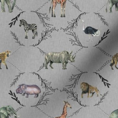 Safari Toile on Grey Linen - Smaller Scale