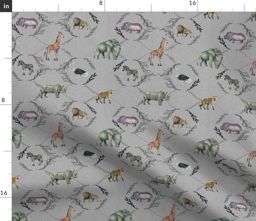 Safari Toile on Grey Linen - Smaller Scale