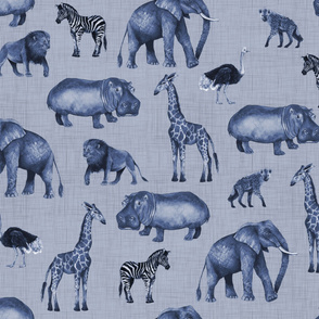 Safari Animals in Blue on Blue Linen - Large Scale