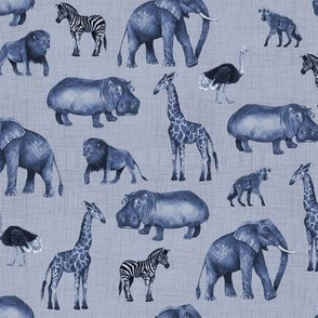 Safari Animals in Blue on Blue Linen - Smaller Scale