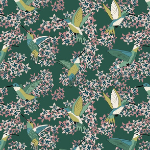 Hummingbird Floral Dark Green 