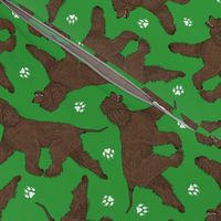 Trotting Irish Water Spaniels and paw prints - green