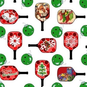 Christmas Pickleball Green Pickleball Ornaments Holiday Graphics on Red Pickleball Paddles 