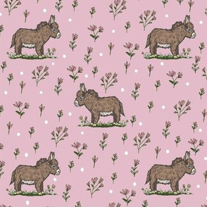 Brown Baby Donkey Pink Flowers Pink