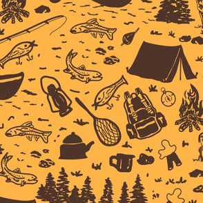 Lake Adventure- Camping, Fishing, the Best Social Distancing- Goldenrod Mustard- Doodle Sketch- Large Scale
