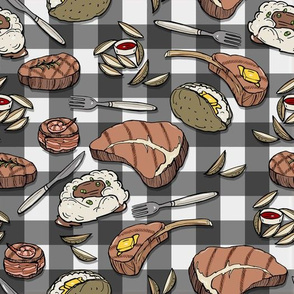 Grillmaster Meat and Potatoes on Buffalo Checkered Novelty Fabric - Colorful Illustrated Design