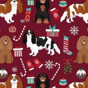 cavalier spaniel dog christmas fabric - red