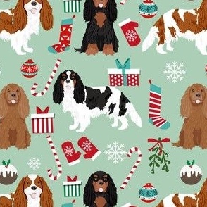 cavalier spaniel dog christmas fabric - mint