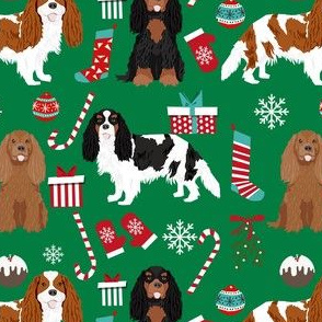 cavalier spaniel dog christmas fabric - green
